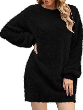Furry Soft Pullover Sweater Shirt Dress Loose Oversized Long Knitted Black XL